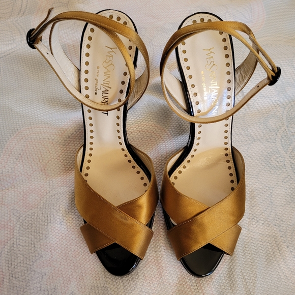 NEW YSL SAINT LAURENT BLACK & GOLD SIZE 37 HEELS - Picture 2 of 11